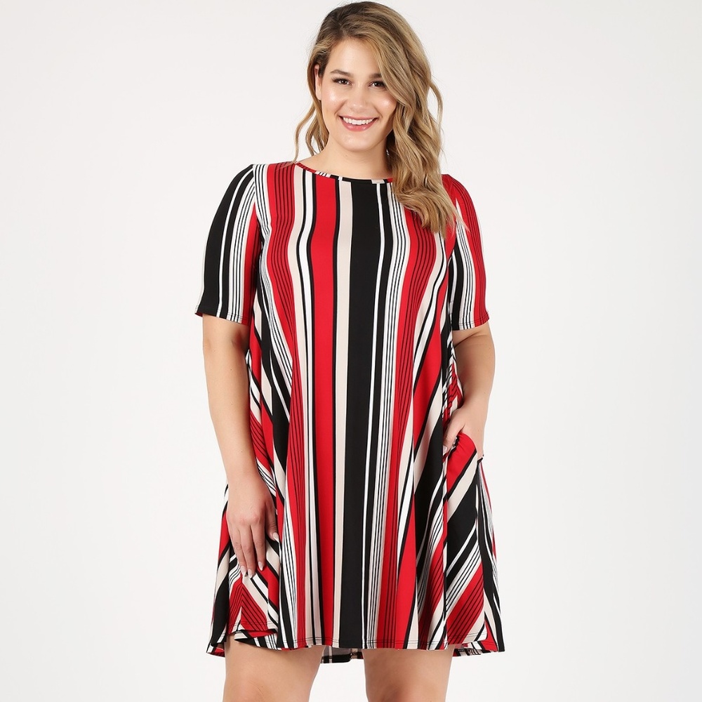Emetla Plus Size Striped Midi Pocket Dress - Red